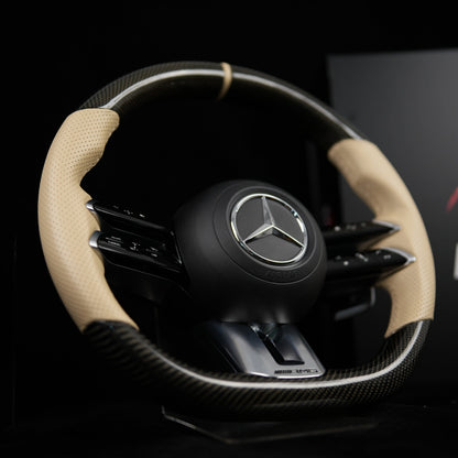 Volant en Stock Carbone tressé poignées cuir beige Mercedes Classe A C E CLA GLA GLE GLS 2018+
