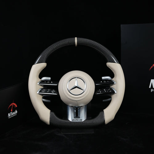 Carbon-Lenkrad (gewebt) in beige Leder – Mercedes Klasse A, C, E, CLA, GLA, GLE, GLS ab Bj. 2018+