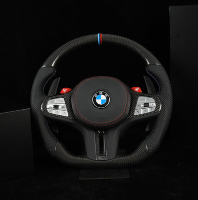 In-Stock Carbon Steering Wheel – Black Woven Carbon, Black Perforated Leather, Full Woven Trim, M1/M2 – BMW G-Series 2019+